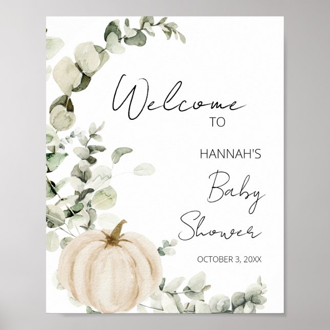 White Pumpkin Eucalyptus Fall Baby Shower Welcome Poster (Front)