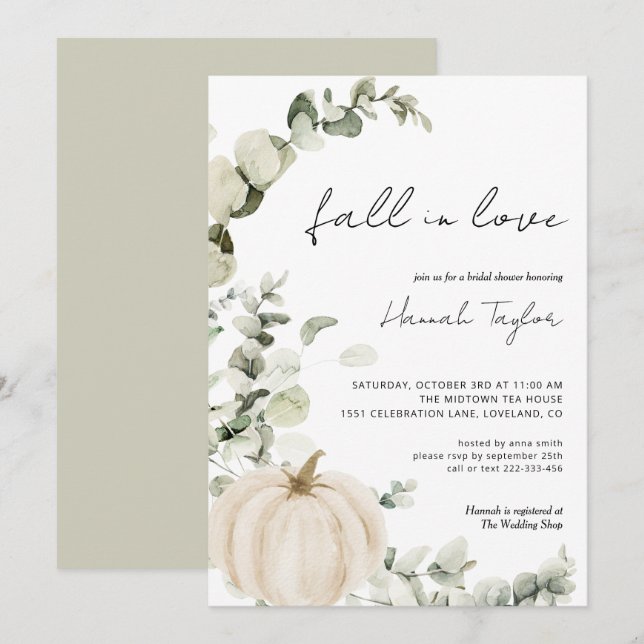 White Pumpkin Eucalyptus Fall Bridal Shower Invitation (Front/Back)