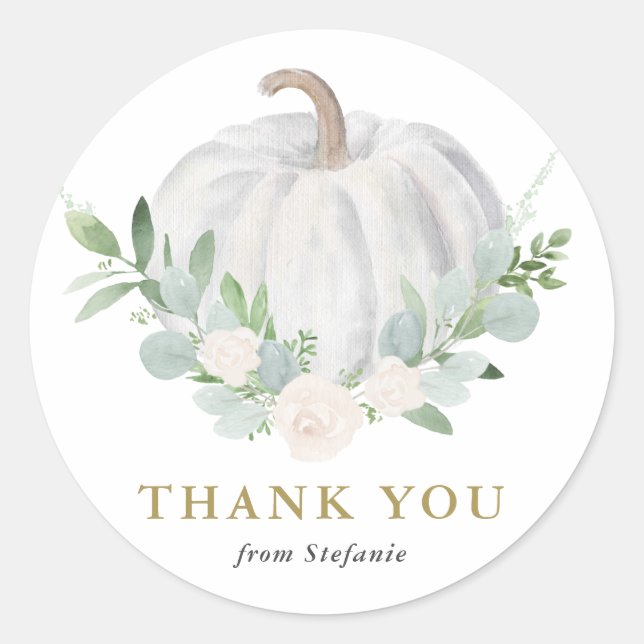 White Pumpkin Fall Baby Shower Thank You Classic Round Sticker (Front)