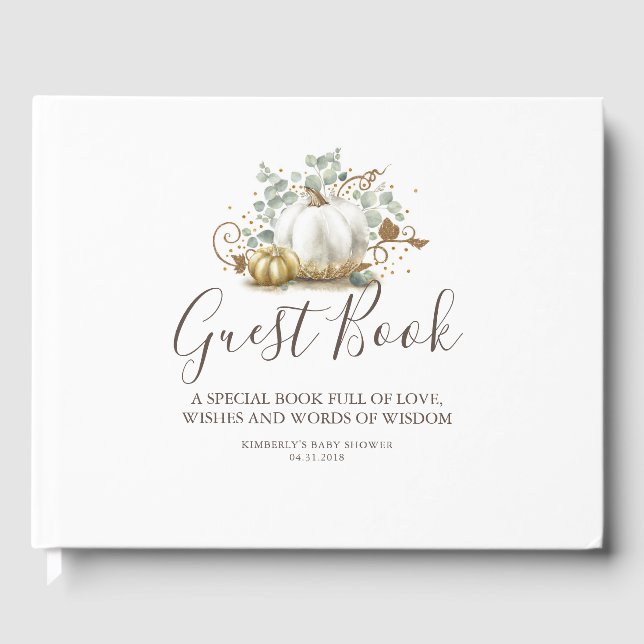 White Pumpkin Fall Baby Shower Wishes and Wisdom Guest Book (Front)
