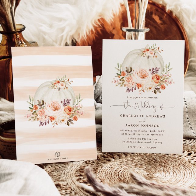 White Pumpkin Fall Blush Orange Floral Wedding Invitation (Creator Uploaded)