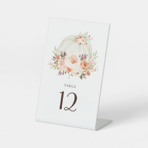 White Pumpkin Fall Flowers Wedding Table Number Pedestal Sign