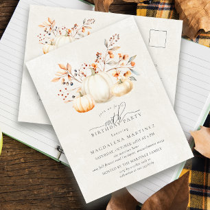 White Pumpkin Fall Leaves 100th Birthday Party Invitation Postcard