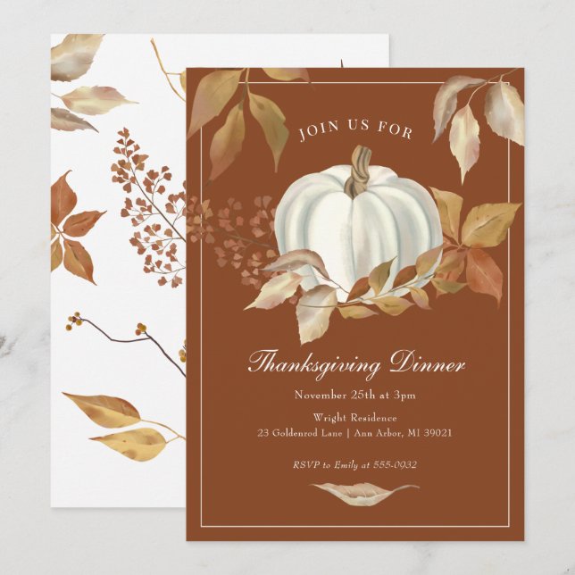 White Pumpkin Fall Leaves Thanksgiving Invitation (Front/Back)