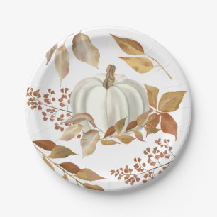 White Pumpkin Fall Leaves Thanksgiving Paper Plate