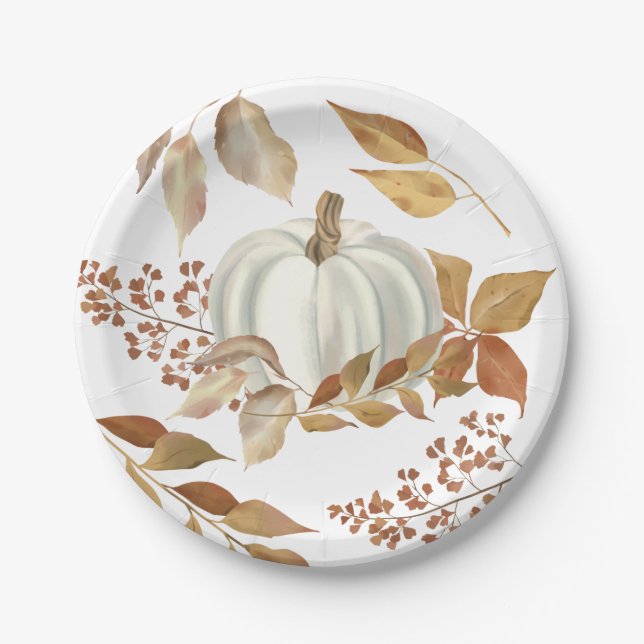White Pumpkin Fall Leaves Thanksgiving Paper Plate (Front)