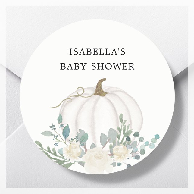 White Pumpkin Fall Theme Baby Shower Favour Classic Round Sticker (Creator Uploaded)
