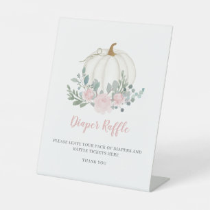 White Pumpkin Floral Baby Shower Diaper Raffle Pedestal Sign