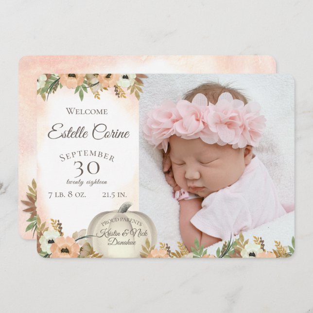 White Pumpkin Floral Birth Announcement with Photo (Front/Back)