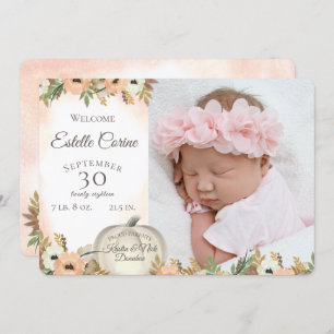 White Pumpkin Floral Birth Announcement with Photo