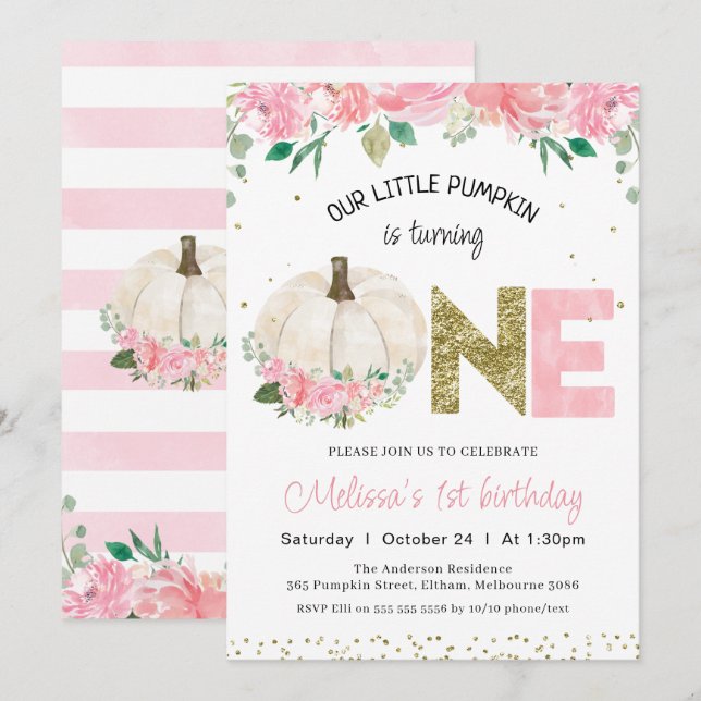 White Pumpkin Floral Gold Word 1st Birthday Invitation (Front/Back)