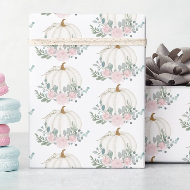 White Pumpkin Floral Watercolor Baby Shower Wrapping Paper (Creator Uploaded)