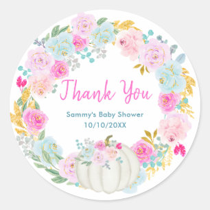 White Pumpkin Floral Wreath Baby Shower Thank You Classic Round Sticker