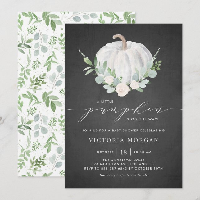 White Pumpkin Greenery Chalkboard Fall Baby Shower Invitation (Front/Back)
