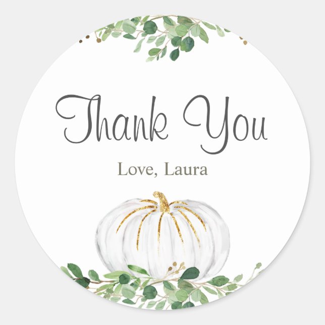 White Pumpkin Greenery Floral Baby Shower Classic Round Sticker (Front)