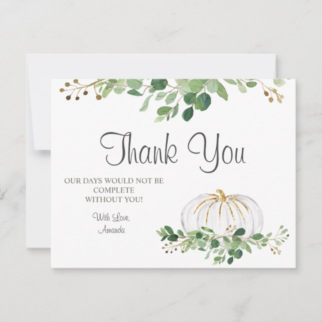 White Pumpkin Greenery Floral Baby Shower Thank You Card (Front)