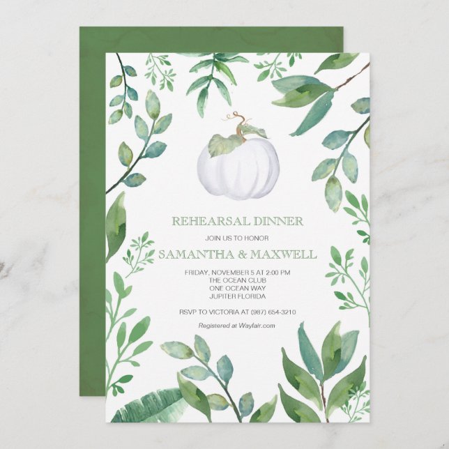 White Pumpkin Greenery Rehearsal Dinner Invite (Front/Back)