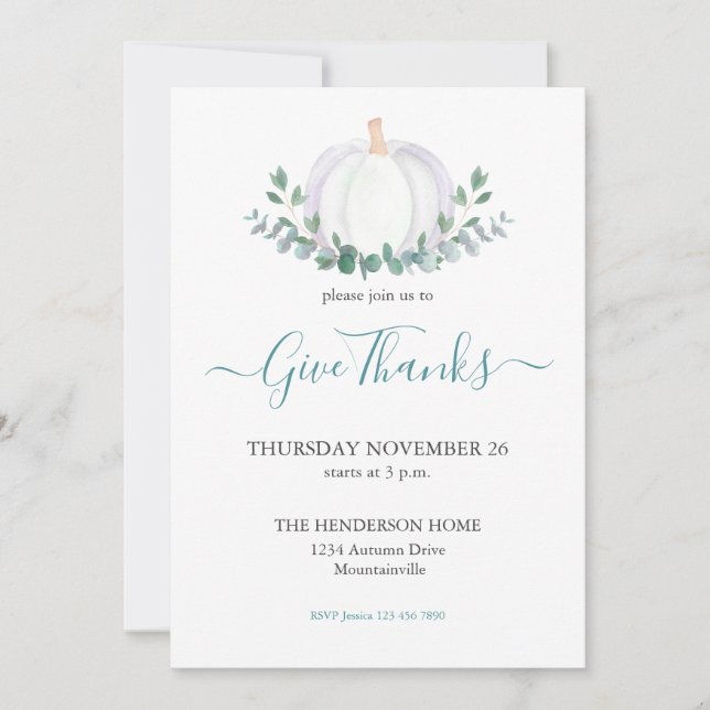 White Pumpkin Greenery Thanksgiving Dinner Invitation (Front)