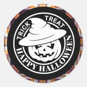 White Pumpkin Happy Halloween Black/Orange Plaid Classic Round Sticker