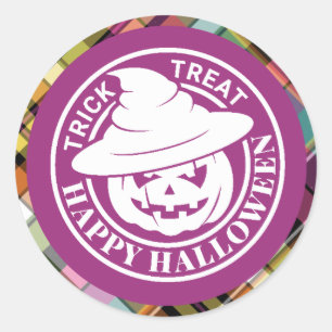 White Pumpkin Happy Halloween Colourful Plaid Classic Round Sticker
