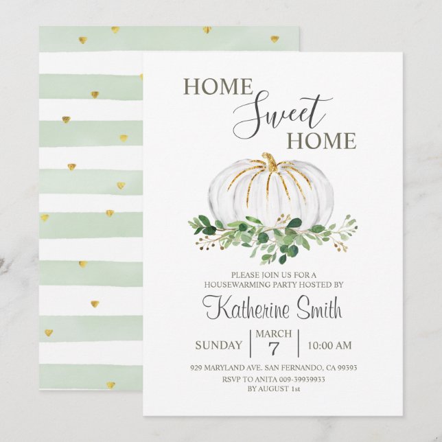 White Pumpkin Housewarming Greenery Floral Party  Invitation (Front/Back)