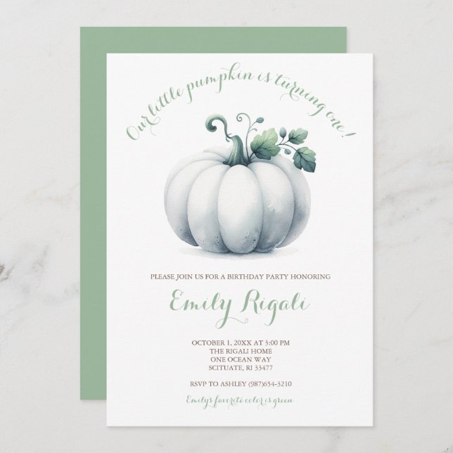 White Pumpkin Little Pumpkin Birthday Party Invite (Front/Back)