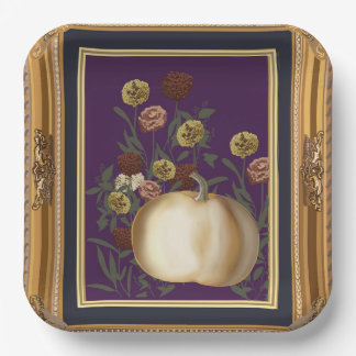 White Pumpkin Moody Floral in Ornate Gold Frame Paper Plate