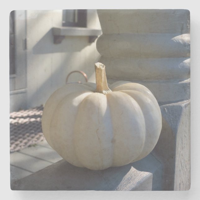 White Pumpkin on the Railing - Martha's Vineyard Stone Coaster (Front)