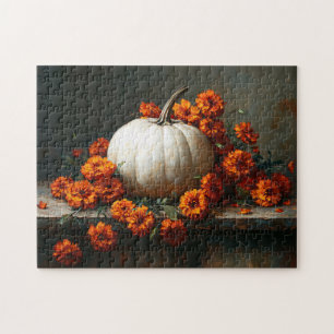 White Pumpkin Orange Marigolds Jigsaw Puzzle