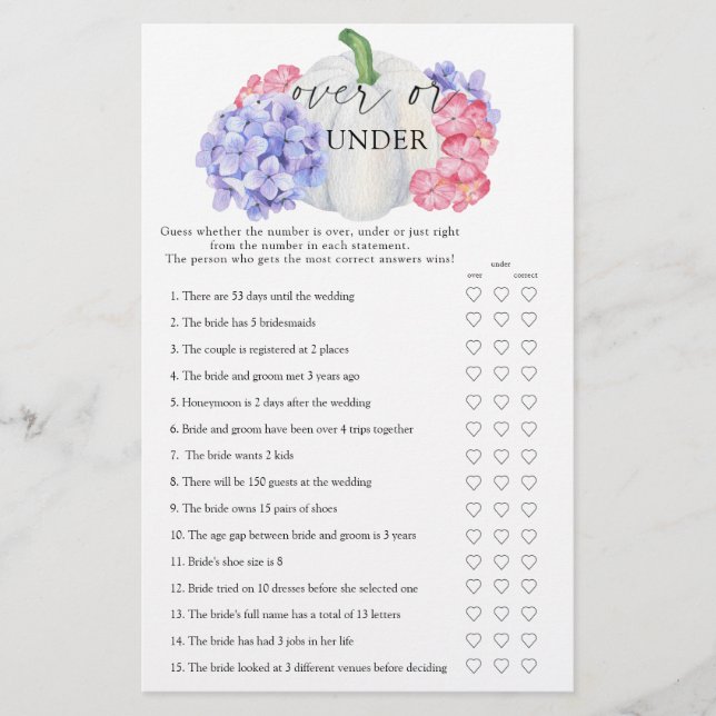 White pumpkin - Over or under bridal shower game (Front)