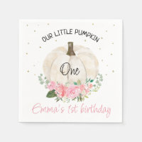 White Pumpkin Pink Floral 1st Birthday Napkin