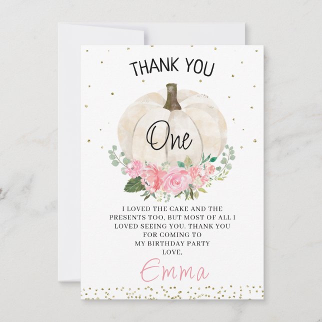 White Pumpkin Pink Floral Birthday Thank You Card (Front)