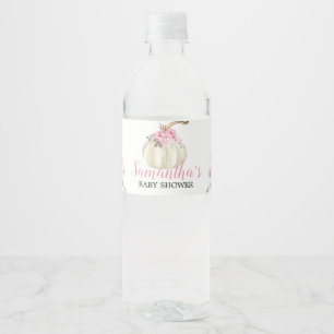White Pumpkin Pink Floral Girl Baby Shower Water Bottle Label