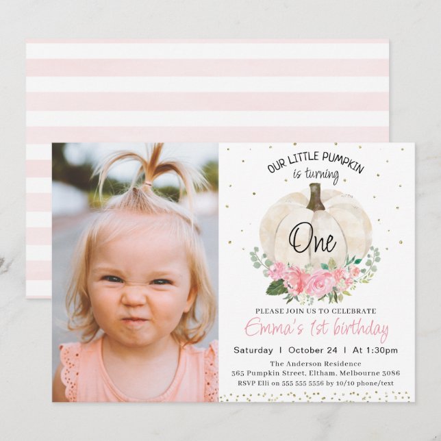 White Pumpkin Pink Floral Photo 1st Birthday Invitation (Front/Back)