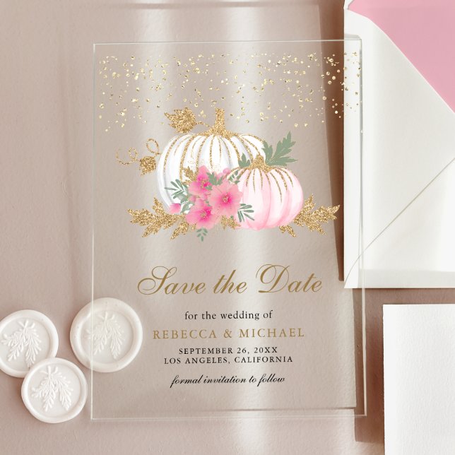 White Pumpkin Pink Floral Wedding Save the Date Acrylic Invitations (Creator Uploaded)