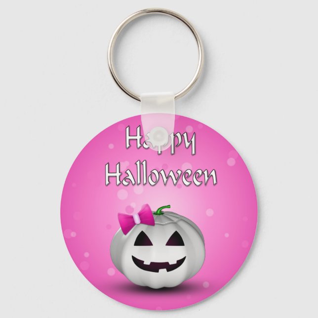 White Pumpkin Pink Girly Halloween Key Ring (Front)