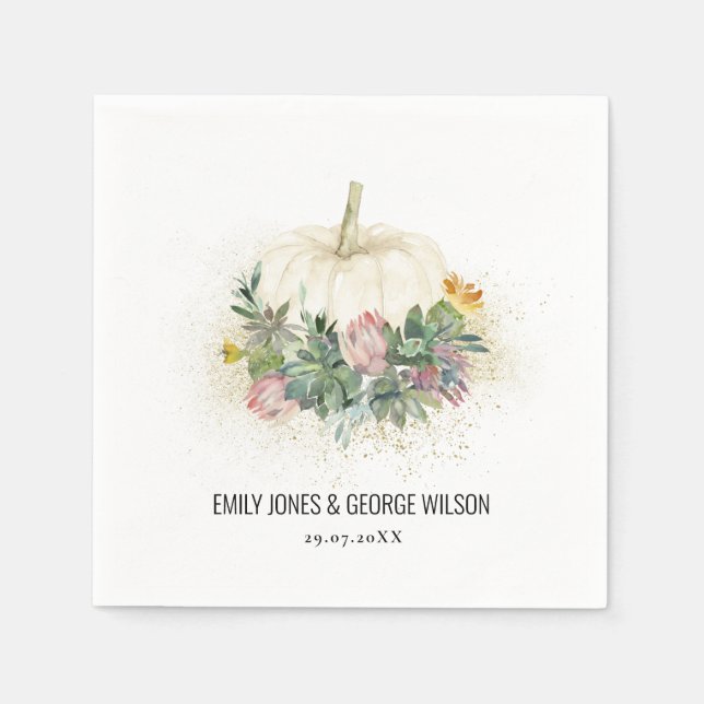 WHITE PUMPKIN PINK PROTEA SUCCULENT FAUNA WEDDING  NAPKIN (Front)
