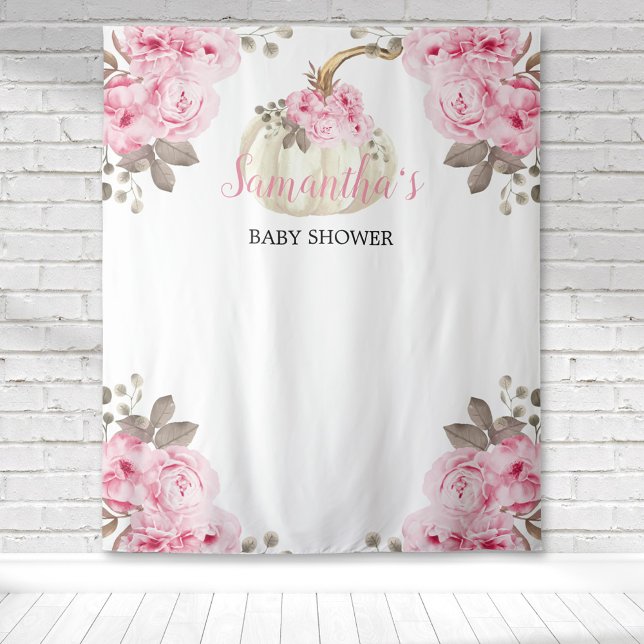 White Pumpkin Pink Watercolor Floral Baby Shower Tapestry (A little pumpkin is on the way baby shower backdrop with watercolor pink floral & botanical backdrop)