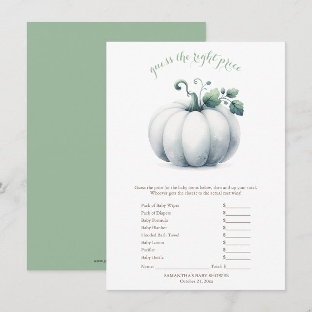 White Pumpkin Price Game Card – Fall Baby Shower (Front/Back)