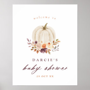 White Pumpkin & Purple Flowers Baby Shower Welcome Poster