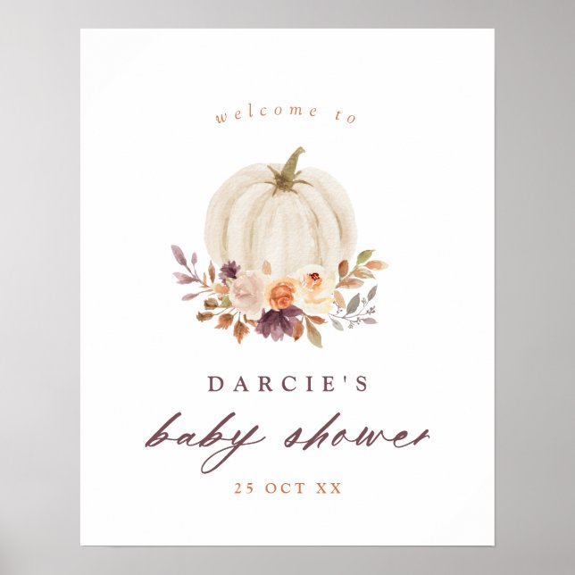 White Pumpkin & Purple Flowers Baby Shower Welcome Poster (Front)