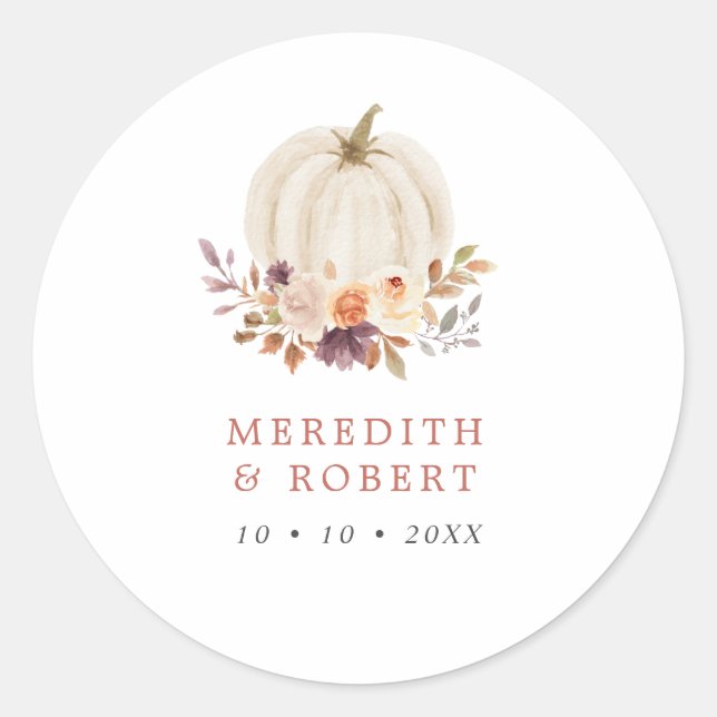 White Pumpkin Purple & Terracotta Floral Wedding Classic Round Sticker (Front)