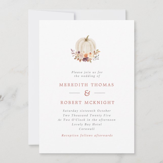White Pumpkin Purple & Terracotta Floral Wedding Invitation (Front)