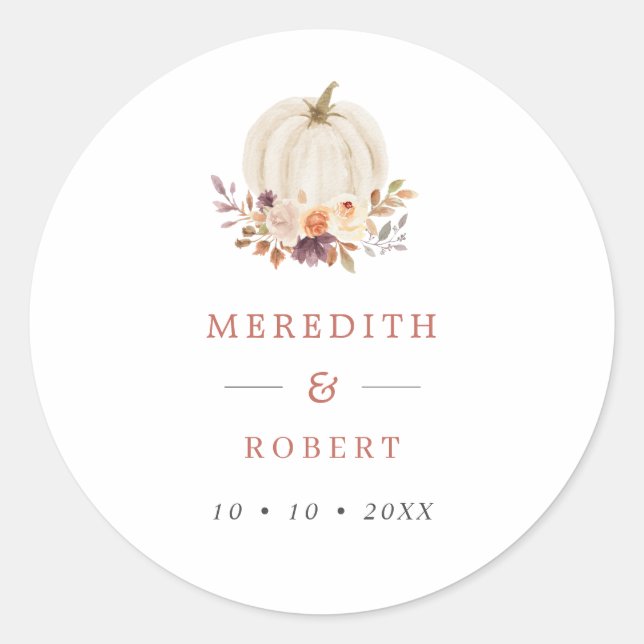 White Pumpkin Purple & Terracotta Flowers Wedding Classic Round Sticker (Front)
