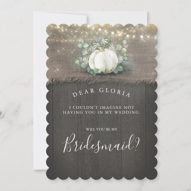 White Pumpkin Rustic Country Bridesmaid Proposal Invitation (Front)