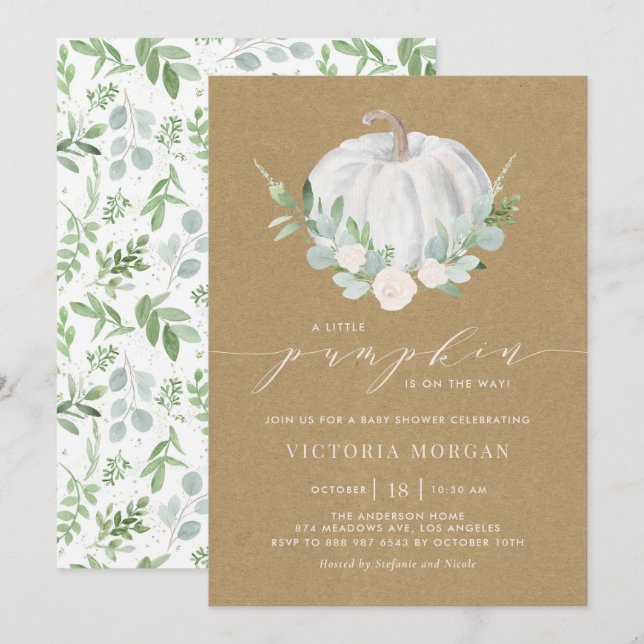 White Pumpkin Rustic Kraft Paper Fall Baby Shower Invitation (Front/Back)