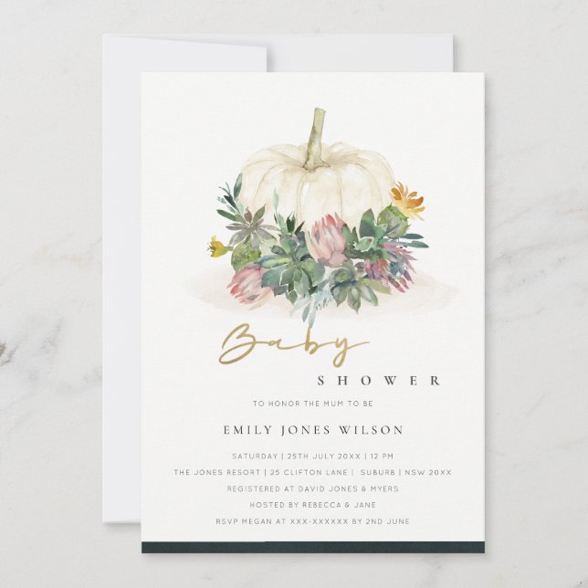 WHITE PUMPKIN SUCCULENT FAUNA BABY SHOWER INVITE (Front)