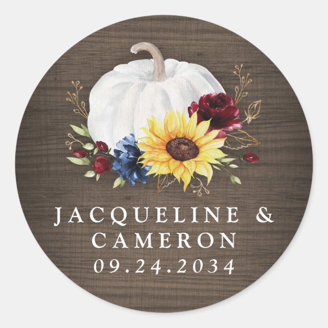 White Pumpkin Sunflower Roses Gold Fall Wedding Classic Round Sticker (Front)