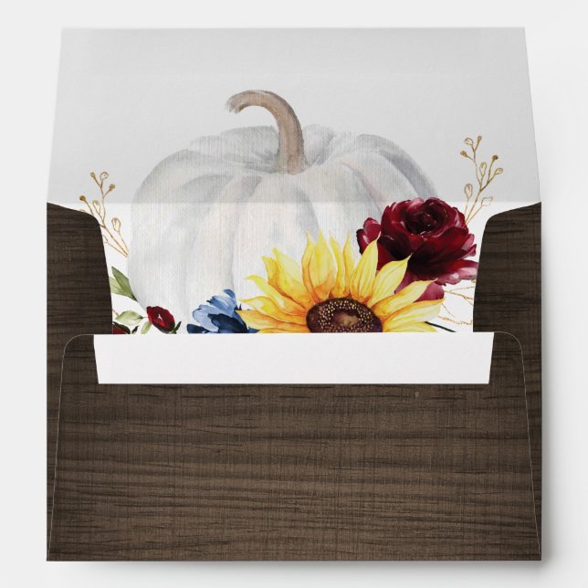 White Pumpkin Sunflower Roses Gold Fall Wedding Envelope (Back (Bottom))