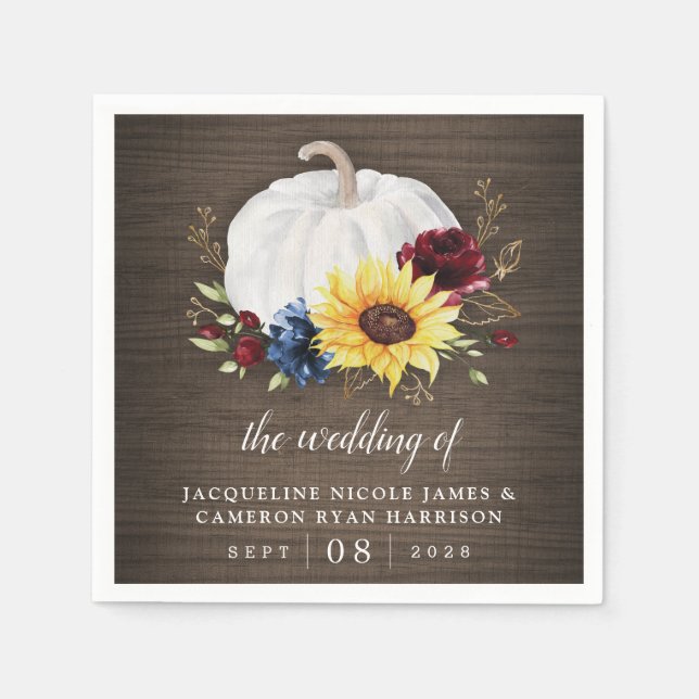 White Pumpkin Sunflower Roses Gold Fall Wedding Napkin (Front)